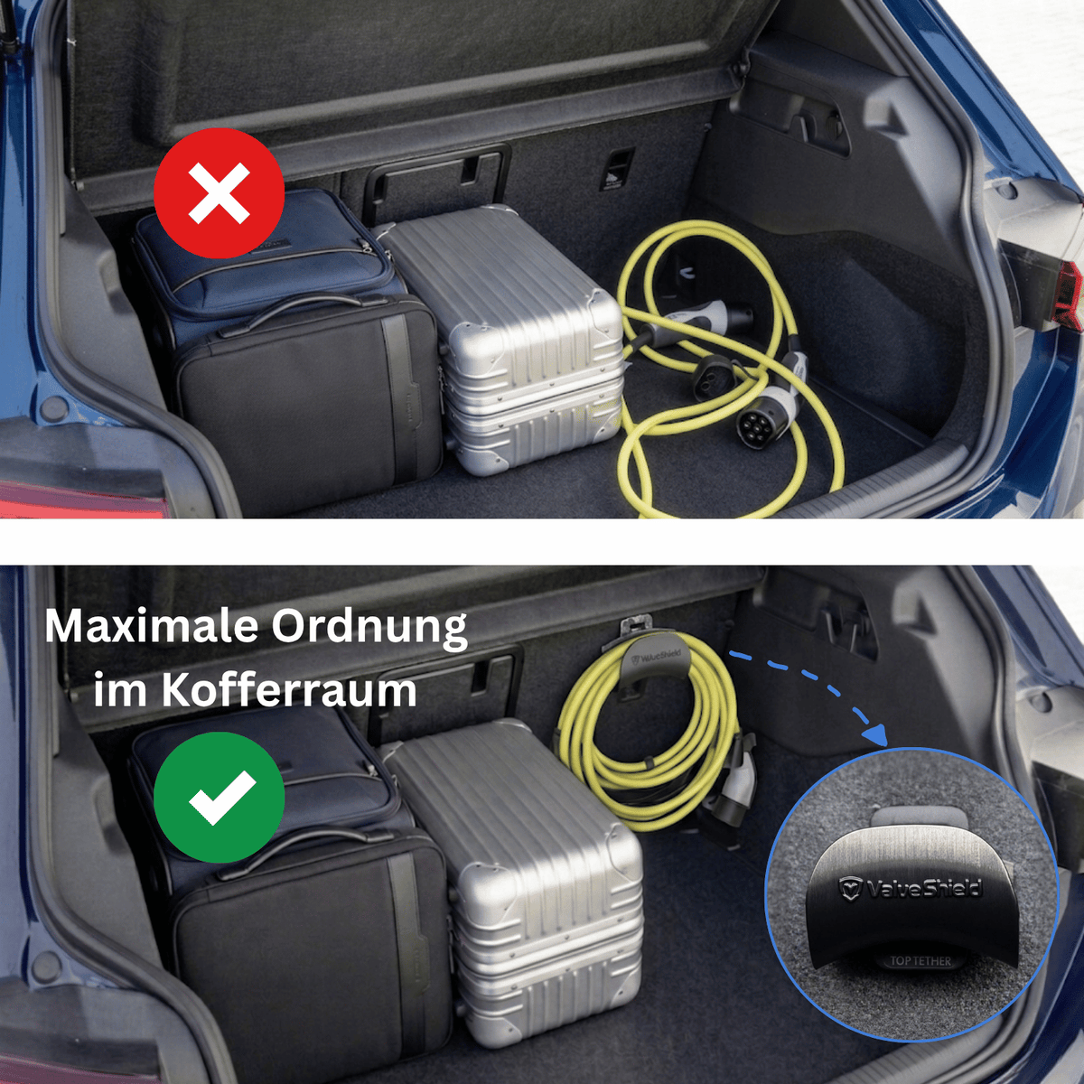ValueShield Kofferraum Ladekabelhalter passend für VW ID & Cupra – Kompatibel mit ISOFIX Top Tether – Halterung für Typ 2 Ladekabel – E-Auto Zubehör